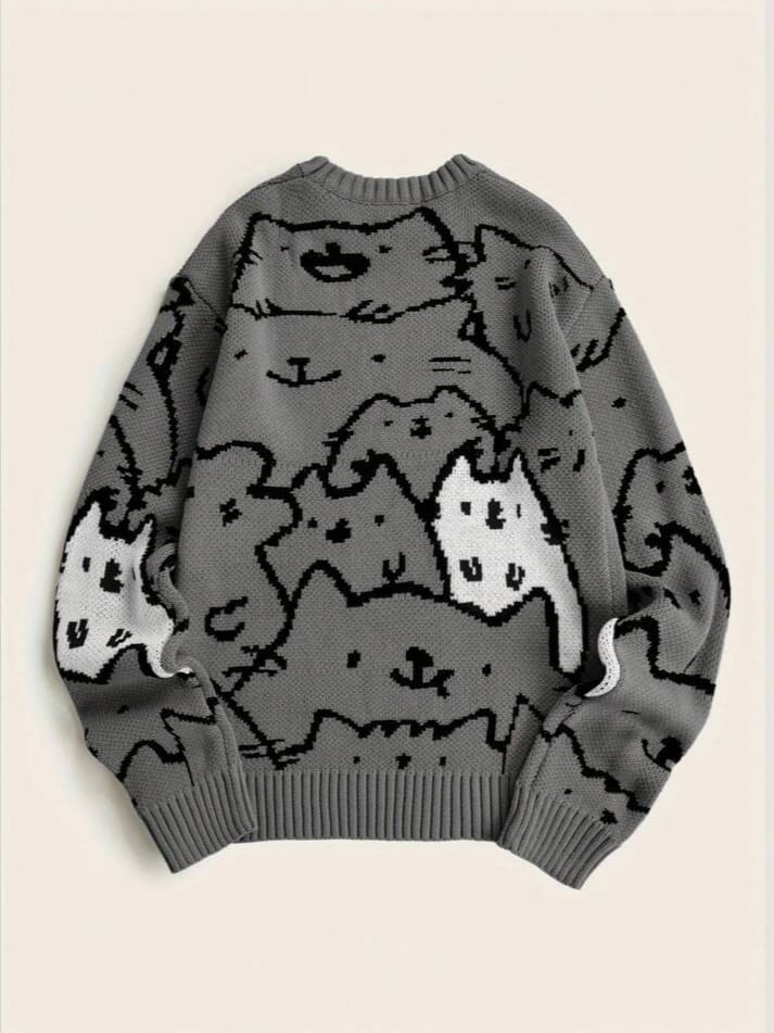 CRAZZY-MONKEY Men's Heart-Shaped Cat Prints Academia Style Sweatshirt